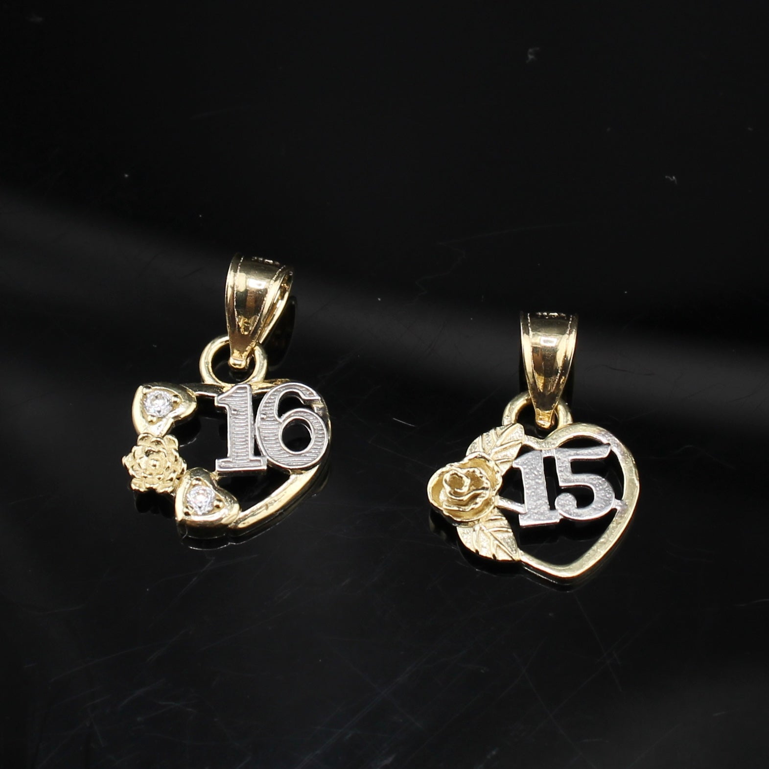 Real 10K Gold Sweet 15 Pendant on cream – solid gold quinceañera charm gift-ready