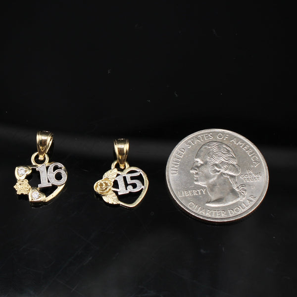 10K gold quinceañera 15 pendant detail view – dije de 15 años oro real no bañado