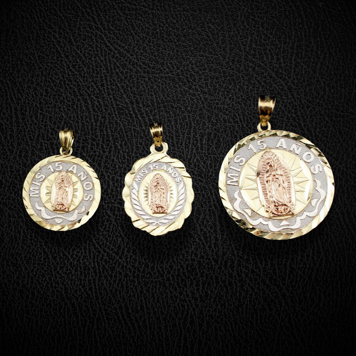 10K quinceañera pendants on cream background – dijes oro 10K real quinceañera