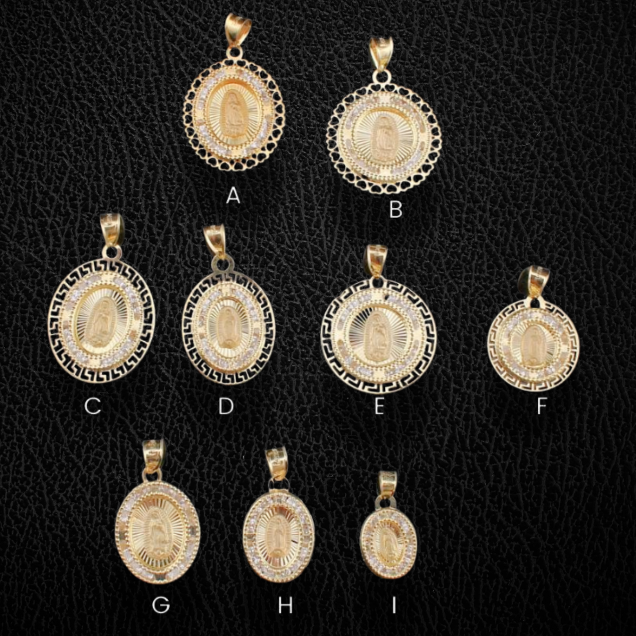 Real 10K Gold Virgin Mary Charms on cream – solid gold quinceañera pendants not plated