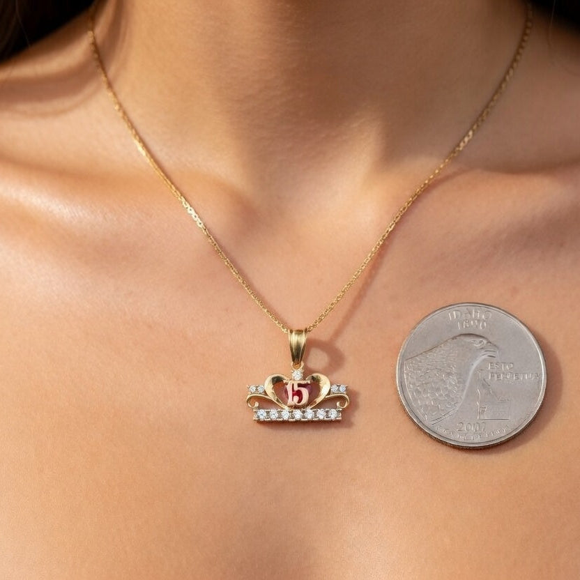 10K Quinceañera Red Stone Pendant detail – dije rojo quinceañera oro real Oro Quince