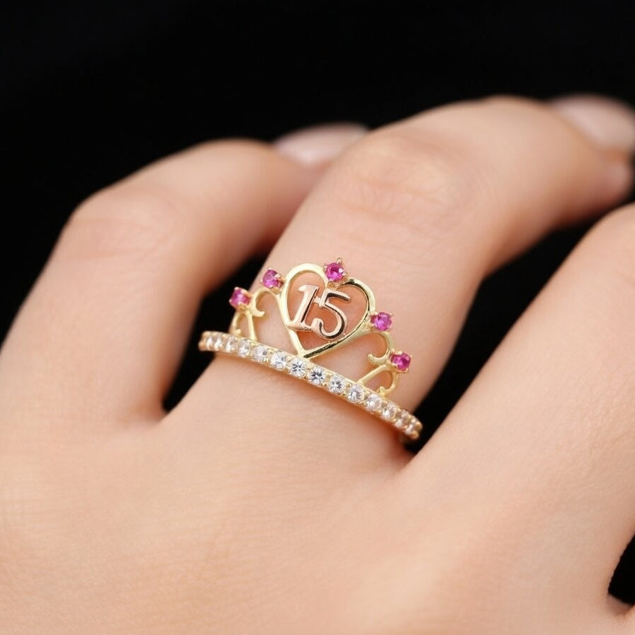 10K quinceañera pink stones heart ring alternate – anillo corazón 15 años oro real