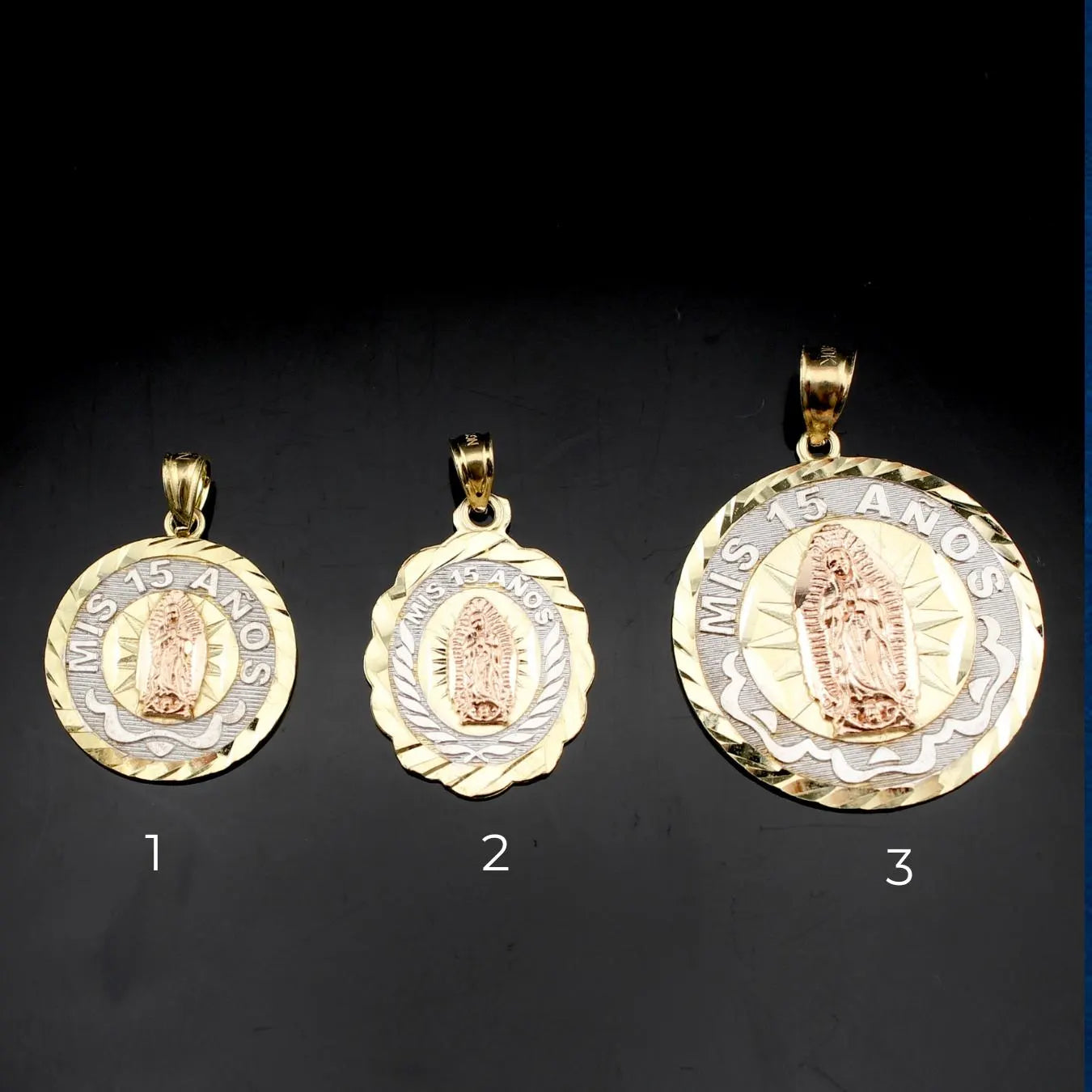 10K gold quinceañera pendants detail view – dijes de 15 años en oro real no bañado